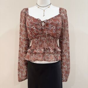 Floral Lurex Smocked Peplum Ruffle Cottage Fairy Top Boho Puff Sleeves Size M